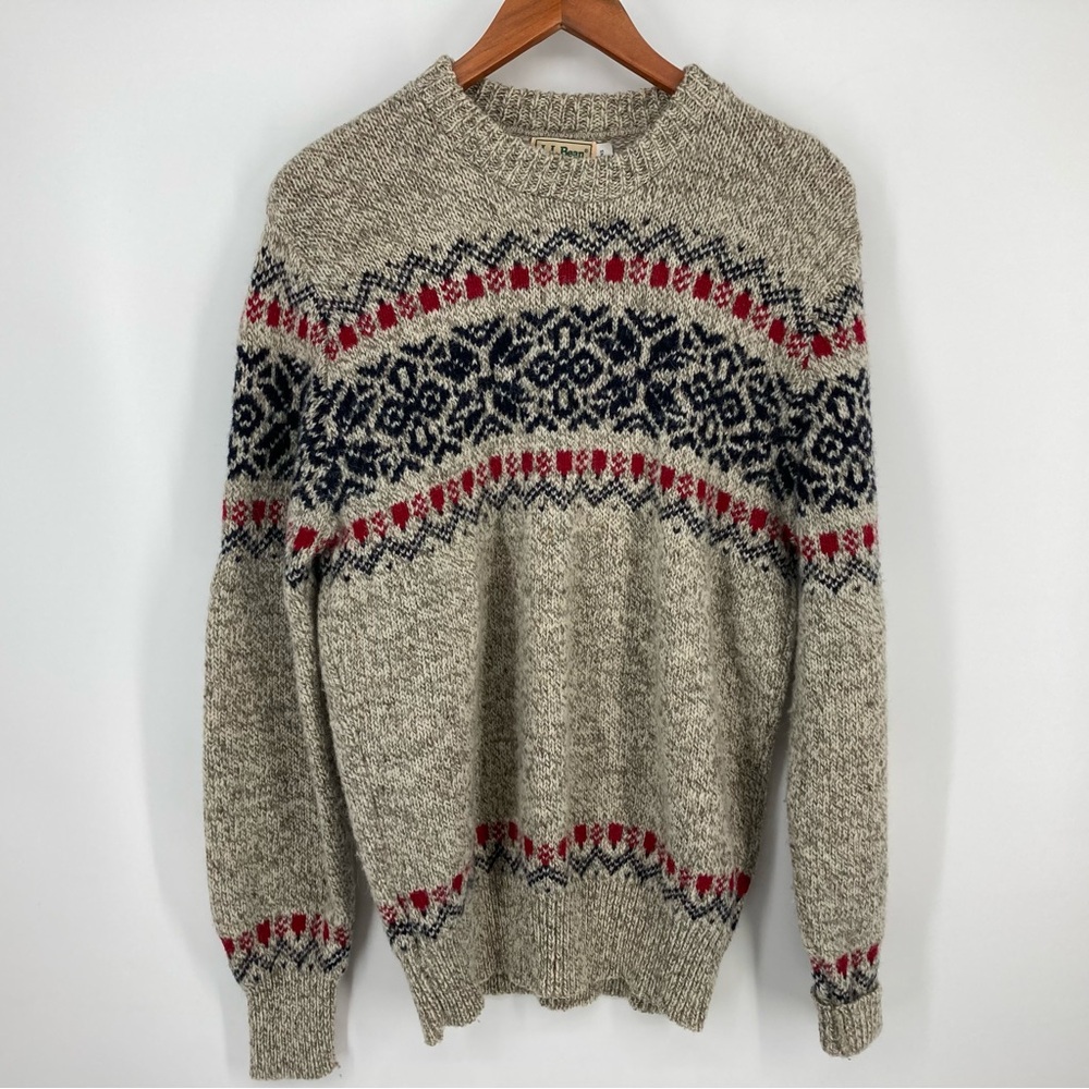 LL Bean Men's Sweater Size L Wool Pullover Crew Neck Heavy Weight Fair Isle Gray
